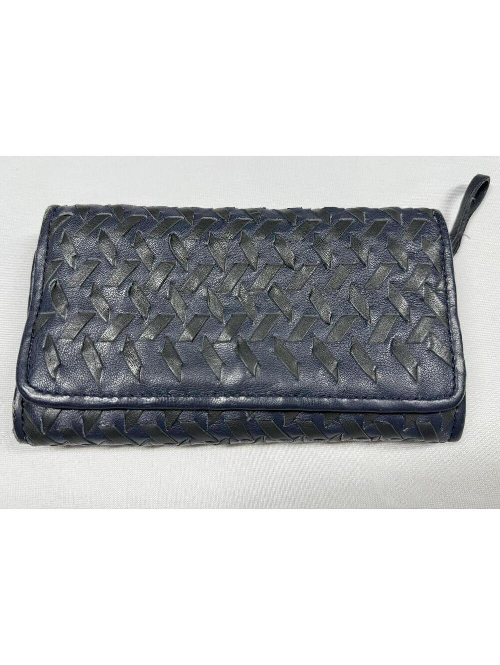 Scully Leather Wallet Women Blue Trifold Organizer Leather Braided Cross Stitch